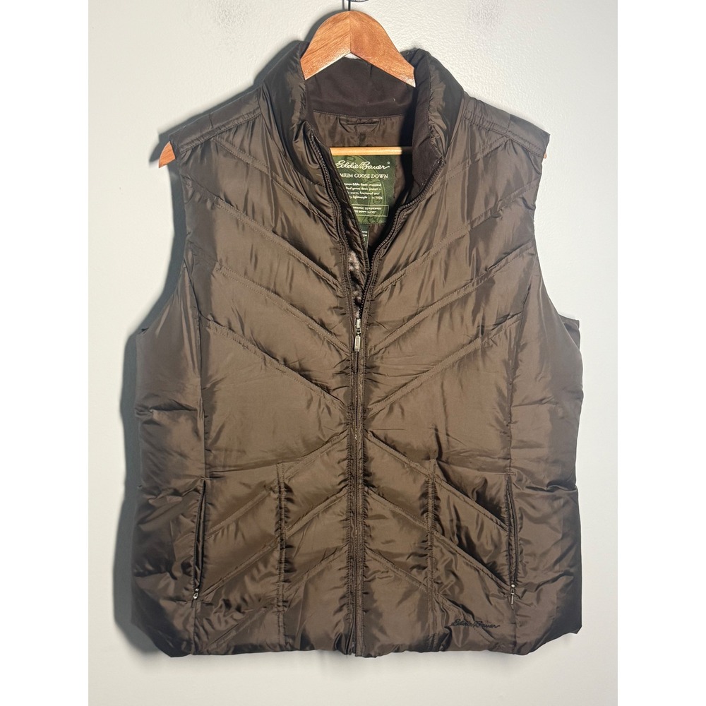 Eddie Bauer Premium Goose Down Vest Brown Chevron Quilted Puffer Womens XL